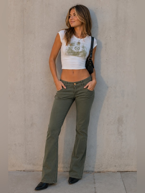 Bishop of Seventh Pants - Bishop of Seventh Vintage Y2K Olive Green Low Rise Bootcut Flare Long Pants